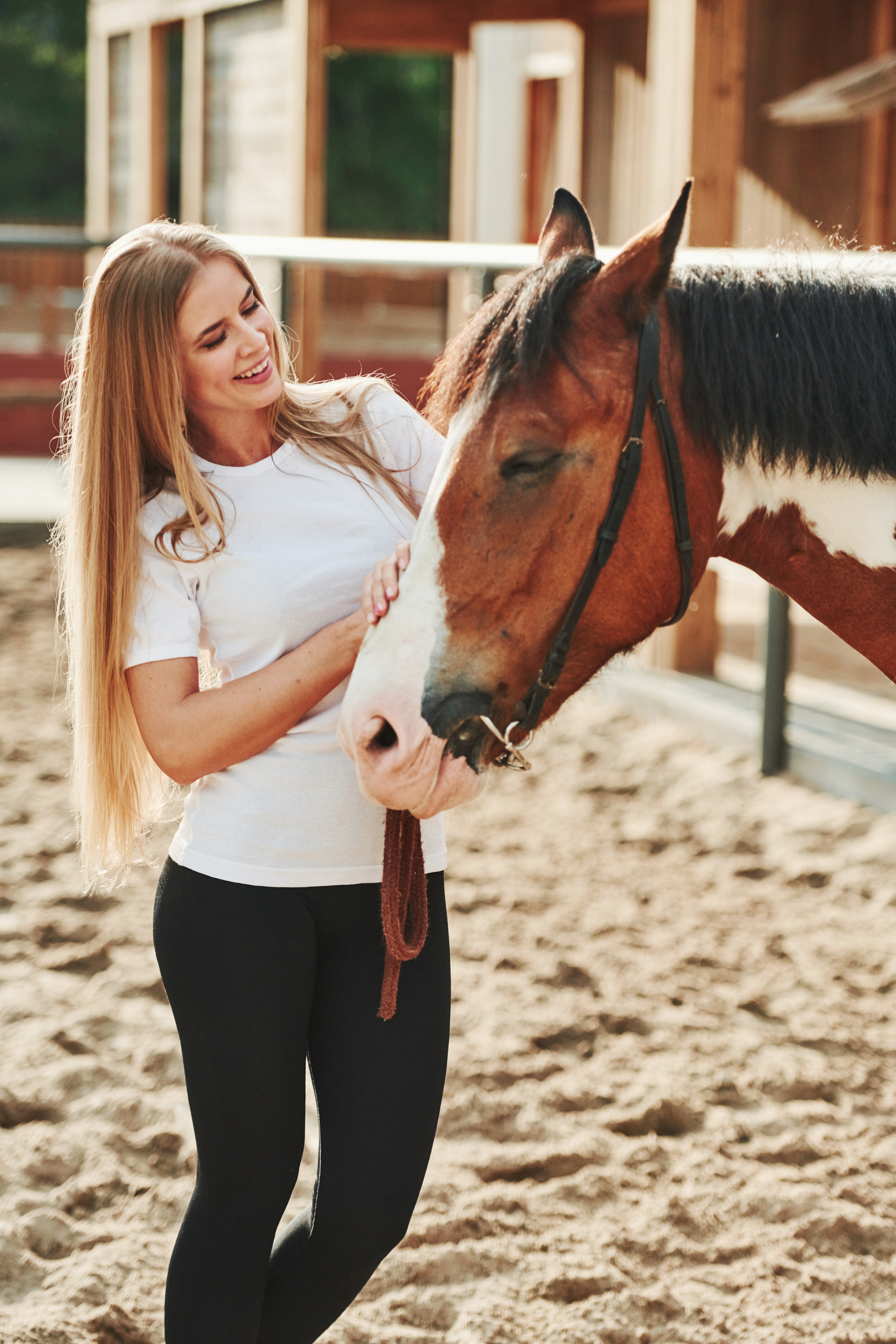 In Black Pants. Happy Woman With Her Horse On The Ranch At Daytime